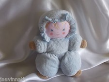 Doudou poupée chiffon, bleu fourrure, grelot, Ajena