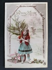 cpa Fillette Luge Sapin Neige BONNE ANNÉE 1910 à Suzanne PILLON de LA ROCHELLE