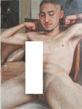 tableau peinture érotique huile sur toile homme nu intégrale / gay male painting