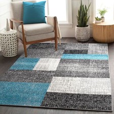 Tapis Poils Ras Facile D'Entretien Motif Carreaux Vintage Blanc Gris Turquoise