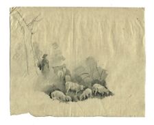 Etude pour une scène pastorale  - Berger et moutons -  Dessin original ancien