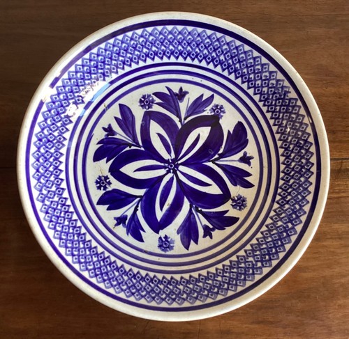 Plat rond ancien - blanc, bleu