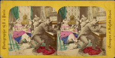 Famille dans un salon et homme au piano, vintage print, ca.1880, stéréo aquarell