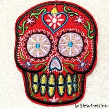 PATCH ÉCUSSON thermocollant - TÊTE de MORT ROUGE, 7 x 10 cm, Applique à repasser