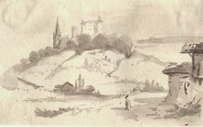 Château dans un paysage -  Dessin original ancien au lavis