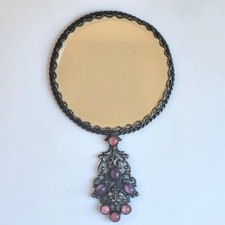 Miroir Face à Main Baroque Cabochons Mauve Rose un Côté Grossissant 18,3 cm