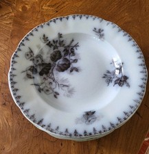 6 assiettes creuses Flore (décor noir) U&C Sarreguemines, fin XIXe