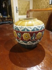 Ancien Cache Pot En Faïence Émaillée Emaux Signé Art Deco 