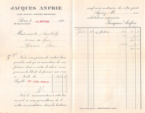 Facture 1922 jacques anfrie a - jacques,