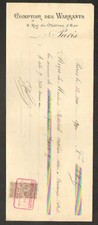 PARIS (X°) SALLE DES VENTES "COMPTOIR des WARRANTS" Traite en 1900