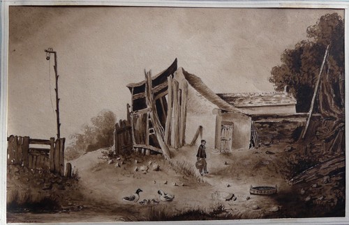 Joli dessin ancien lavis cour - ancien,