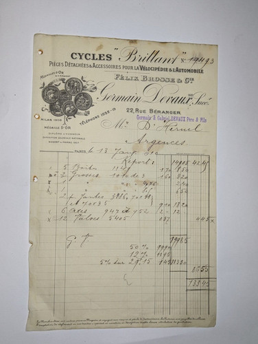 Facture cycles velocipede - cycles,