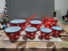 Jolis Ancien ensemble en tôle émaillée Rouge A Poix casseroles Théière Tasse