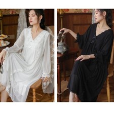 Femmes Nightgown Pyjama Sommeil Robe Col V Dentelle Floral Noir en Vrac