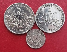 FRANCE 3 Pièces Argent. 5 Francs 1962, 2 Francs 1917 & 50 Centimes 1906.