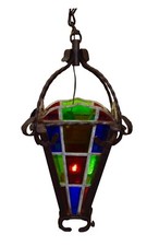 French Antique Belle Epoque Wrought Iron Chandelier Lantern with Stained Glass 
