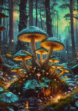 Photo A4 champignons lumineux en forêt magique bleu vert – 823