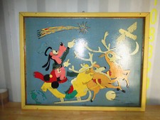 TABLEAU VINTAGE BOIS-MICKEY ET DINGO ET LES RENNES-CRÉATION ARTISANALE A FINIR