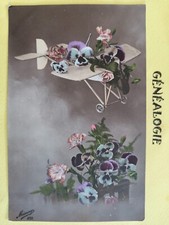 Carte Postale Ancienne FANTAISIE Fantasy FLEURS Flowers AÉROPLANE AVION Airplane