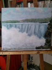 tableau acrylique sur bois "Cascade au Canada " signé par l'artiste