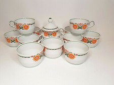 11 tasses café + pot à sucre décor lotus orange années 70 Edelstein Bavaria