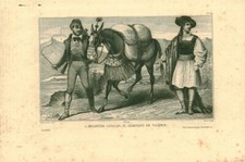 Gravure ancienne sur acier XIXème muletiers Catalan - Habitant de issue de livre