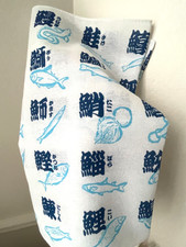 Torchon Blanc motif Nom de poisson en Kanji Japonais Coton Neuf 34 x 79cm