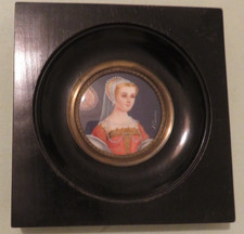 Ancien portrait miniature dame renaissance signé cadre bois noirci sous verre 19