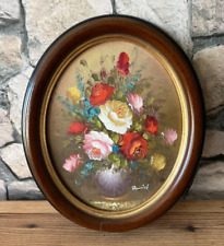 JOLI cadre ovale peinture sur bois composition floral signé DAVID déco ++