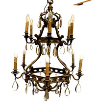 Lustre cage se style renaissance en bronze et pendeloques de verre coloré XIX 