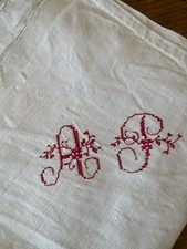 Antique French White Linen Sheet - Large Red Monogram - Central seam