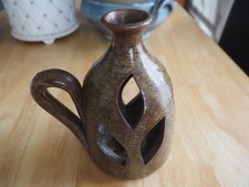 Photophore en terre cuite vernissée pyrite Puisaye France. Haut 17 cm. TBE