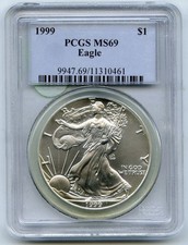 1999 American Eagle 1 OZ Argent Dollar PCGS Ms 69 Certifié Once Lingot - P618