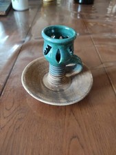 Charmant Petit Bougeoir Ancien en Céramique Vernissée