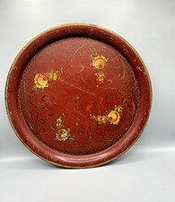 Plateau ancien en tôle peinte XIXe décor roses – Style Napoléon III – 40 cm 