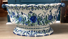 Belle Jardiniére Faience XIXéme bleu Vert Fleurs et Tête personnage