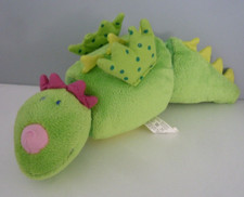 W7. DOUDOU HOCHET HABA DRAGON Vert rose 27cm  bruit de boule en bois TBE