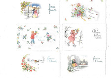 12 mignonnettes cartes Bonne année H. 7 cms TBE fleurs neige enfants paysages