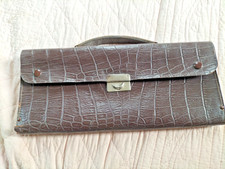 Ancien CARTABLE PLIABLE en cuir brun et écailles avec plusieurs poches - 
