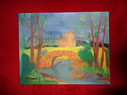 Naif vieux pont gouache - naif,
