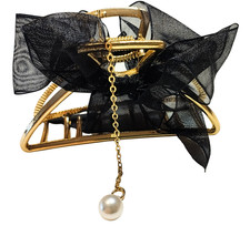 Broche Cheveux Femme Dorée – Ruban Noir & Perle, Accessoire Coiffure Fashion