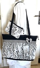 SAC tissu zippé + Trousse «LÉOPARD  »Fait main, Noir, NEUF !