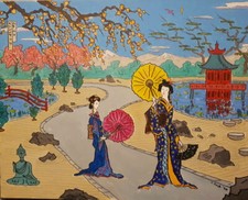 tableau original : geishas au jardin zen