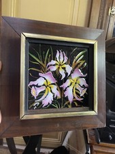 art d’asie tableau émaux sur cuivre art déco orchidées Signé