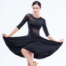 Femme Maille Latin Robe Danse Salle de Bal Tango Tenue Swing Extensible Noir