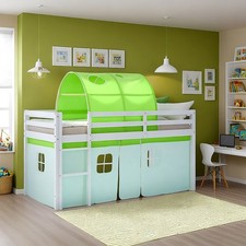 Cadre Lit superposé Enfant 90x200 cm Bois Massif Rideau Tunnel Vert Homestyle4u