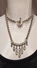 CLAIRE DEVE Large COLLIER SAUTOIR VINTAGE Argenté STRASS cristal & BOREAL