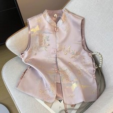 Femme Brillant Floral Gilet Japonais Faux Soie Veste sans Manche Haut Rétro