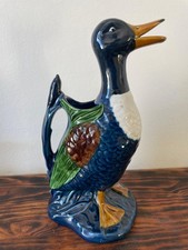 Barbotine carafe canard bleue marron vert en porcelaine ancien