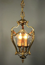 Antique Gilt Bronze Hanging Lantern Pendant Lamp Rococo Curved Glass Italian